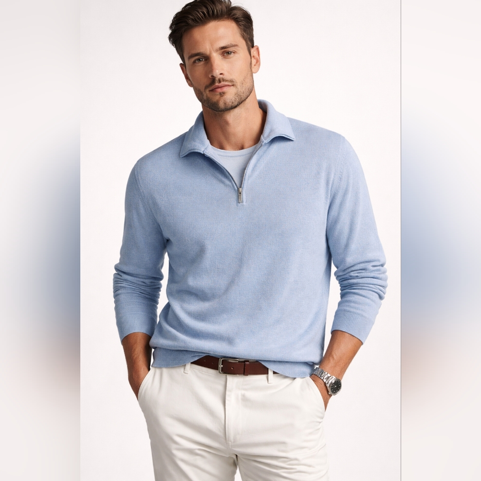 Ermenegildo Zegna 100% Cotton Half Zip Sweater Xl Light Blue Made In Italy